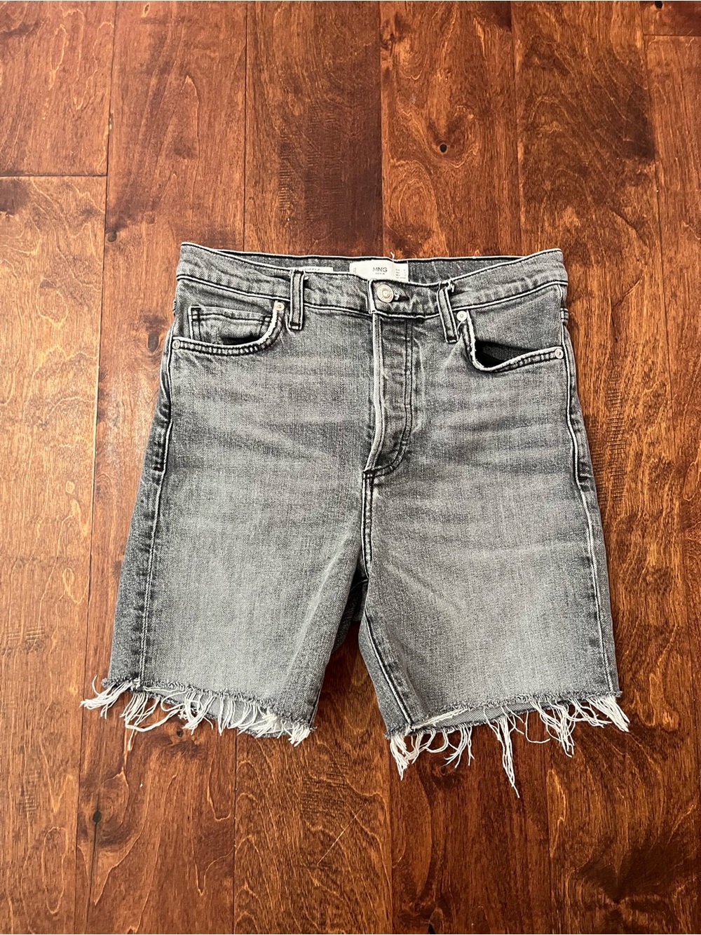 Mango Gray Frayed Hem High-Rise Denim Shorts
